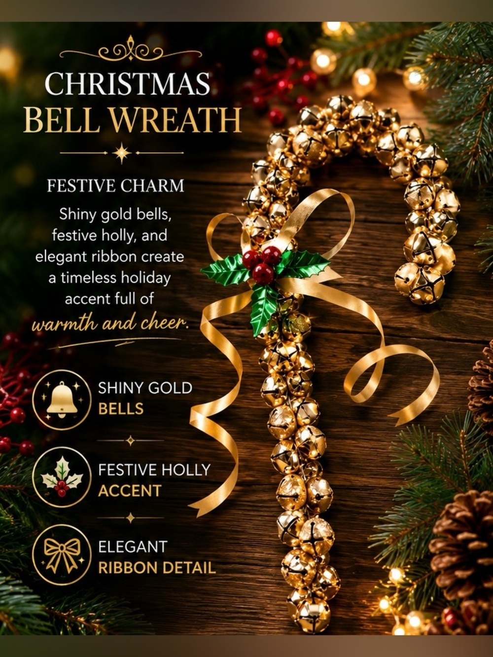 Gold Jingle Bell Candy Cane Christmas Door Hanger Wreath Holiday Decor